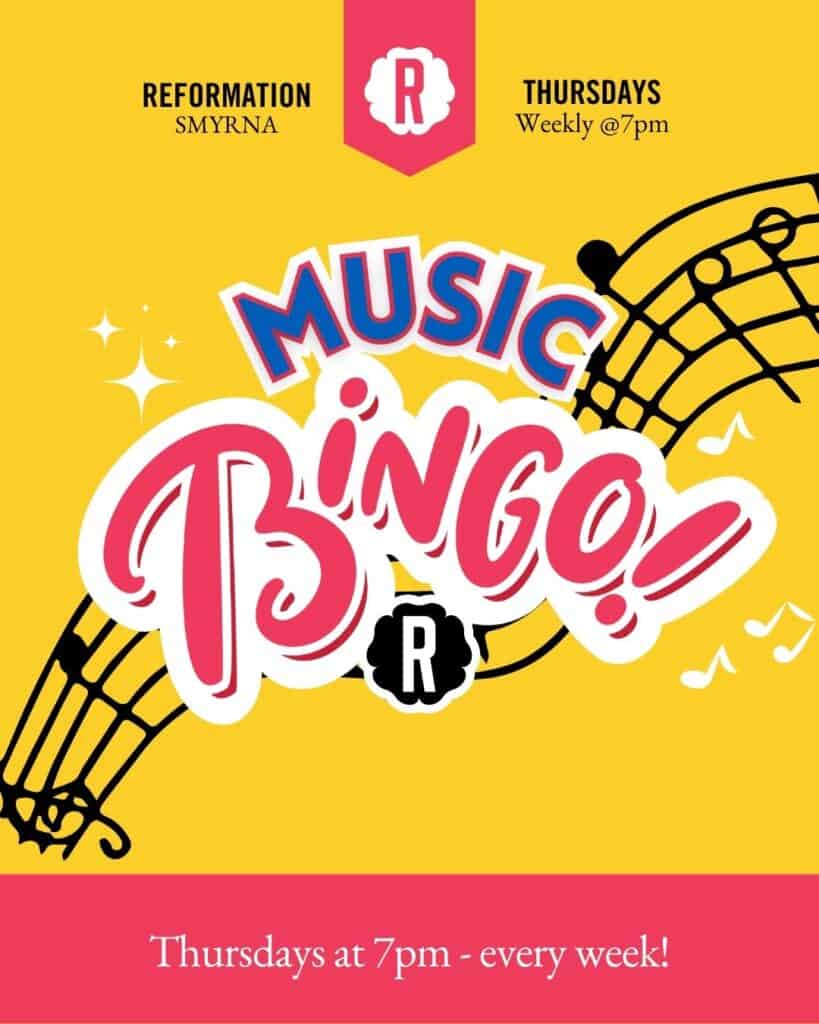 Reformation Brewery Music Bingo event poster with musical notes and vibrant colors.
